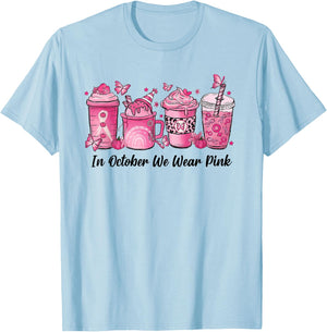 In October We Wear Pink Leopard Breast Cancer Coffee T-Shirt - T-Shirt | Light Blue
