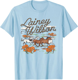 Lainey Wilson Official Wild Horses , -Adults, Grey, Small, Short Sleeve, Regular Fit, Cotton Blend T-Shirt - T-Shirt | Light Blue