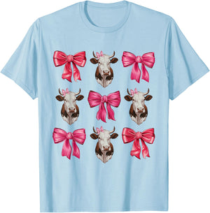 Cute Pink Coquette Bow Cow Mom Western Aesthetic Cowgirl T-Shirt - T-Shirt | Light Blue