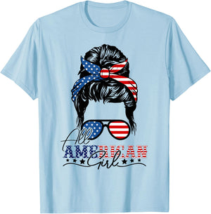 4th of July Messy Bun All American Girls USA Flag For Girls T-Shirt - T-Shirt | Light Blue