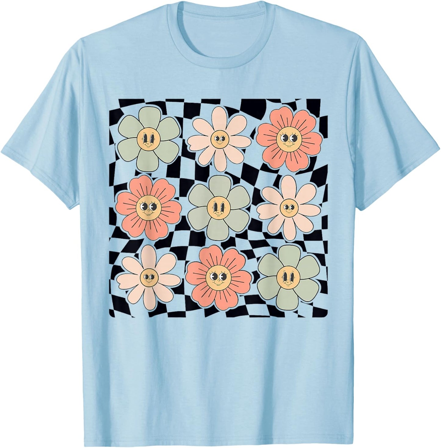 Retro Colorful Checkered Pattern Checkerboard Daisy Flowers T-Shirt - T-Shirt | Light Blue