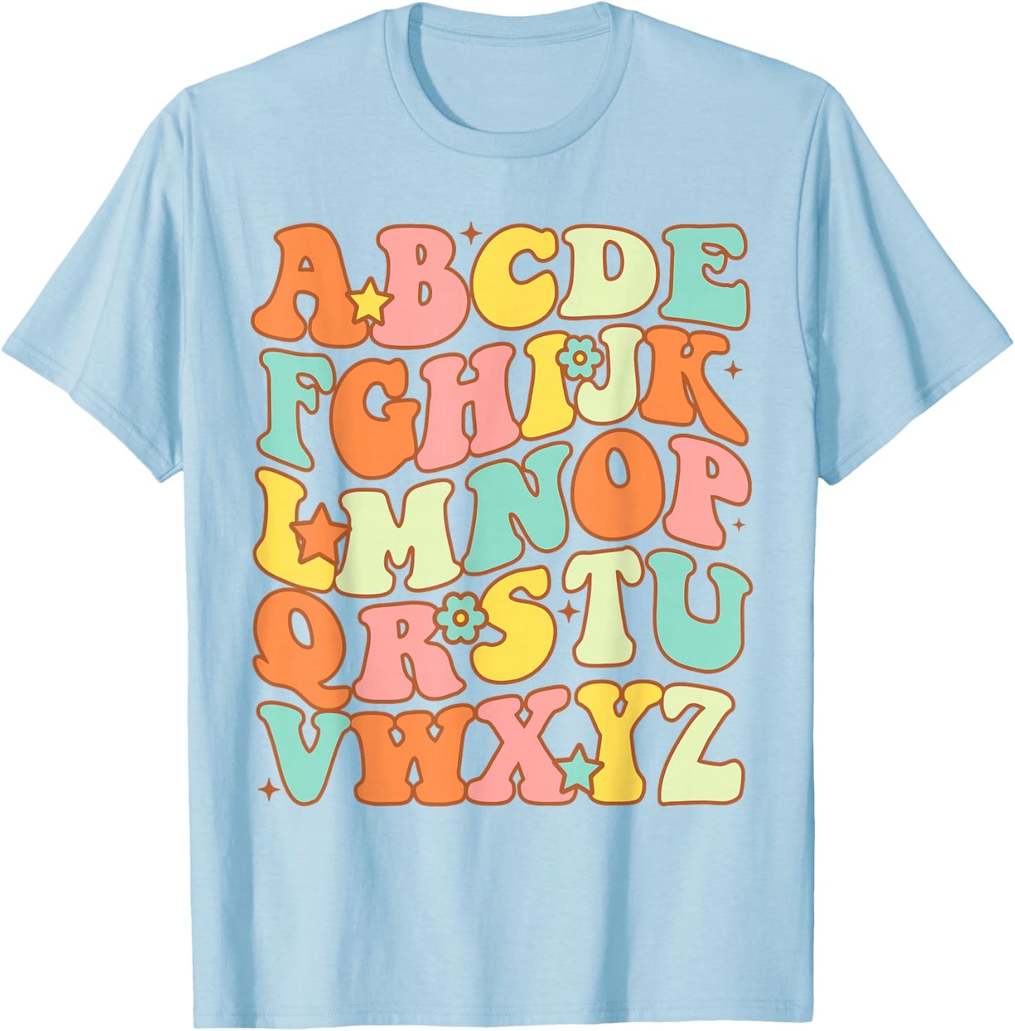 Groovy Letters Alphabet Learn ABCs Boy Girl Reading Teacher T-Shirt - T-Shirt | Light Blue