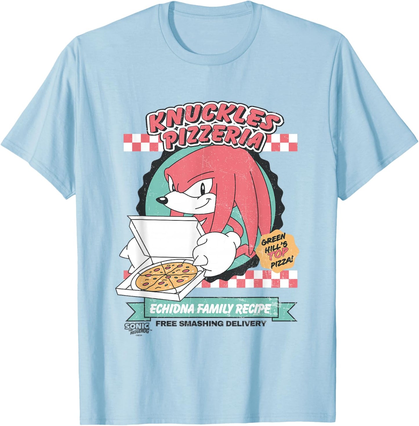 Sonic The Hedgehog Knuckles Pizzeria Vintage Restaurant Ad T-Shirt - T-Shirt | Light Blue