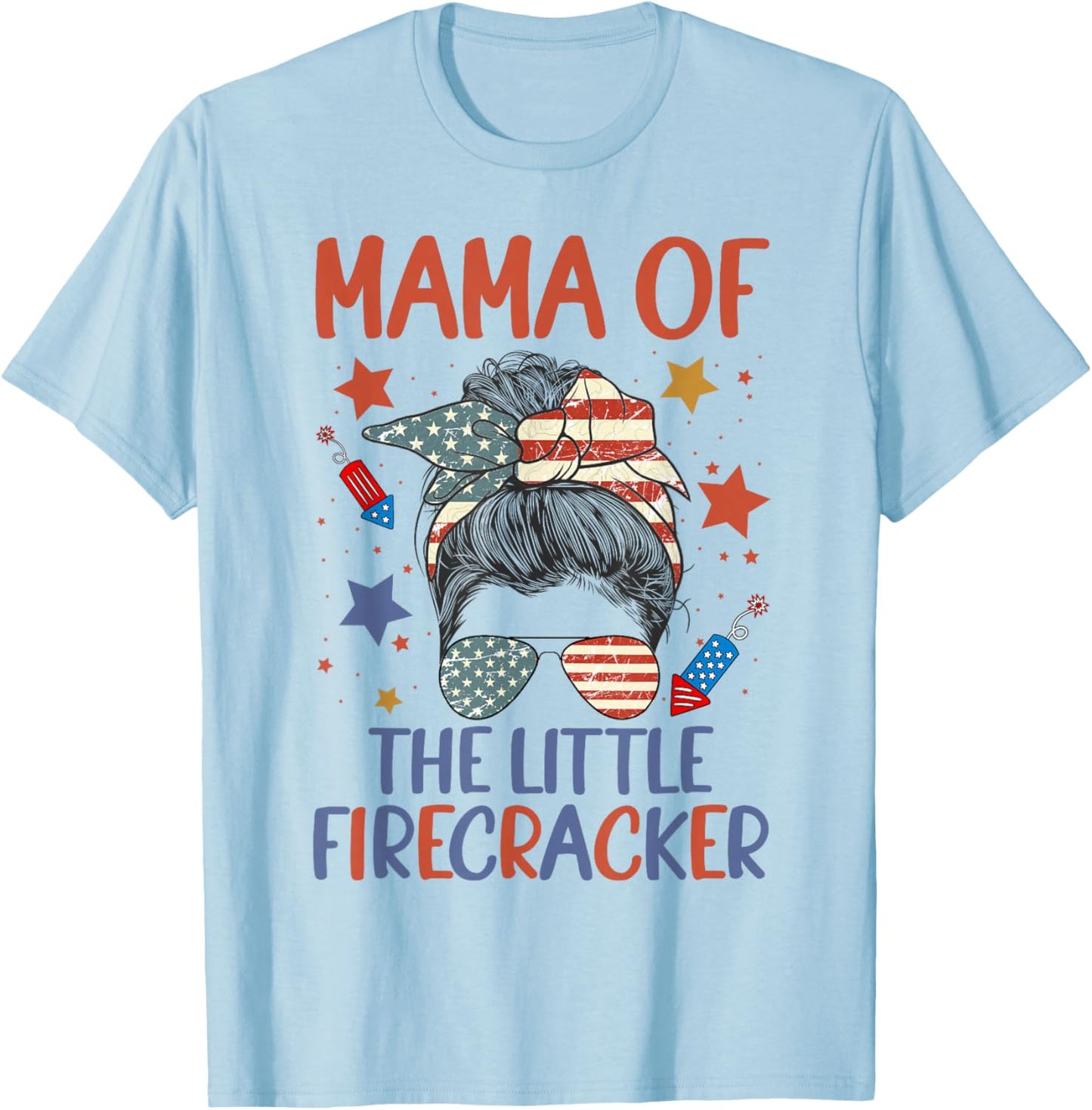 4th Of July Birthday Mama Of The Little Firecracker For Mom Men T-Shirt - T-Shirt | Light Blue
