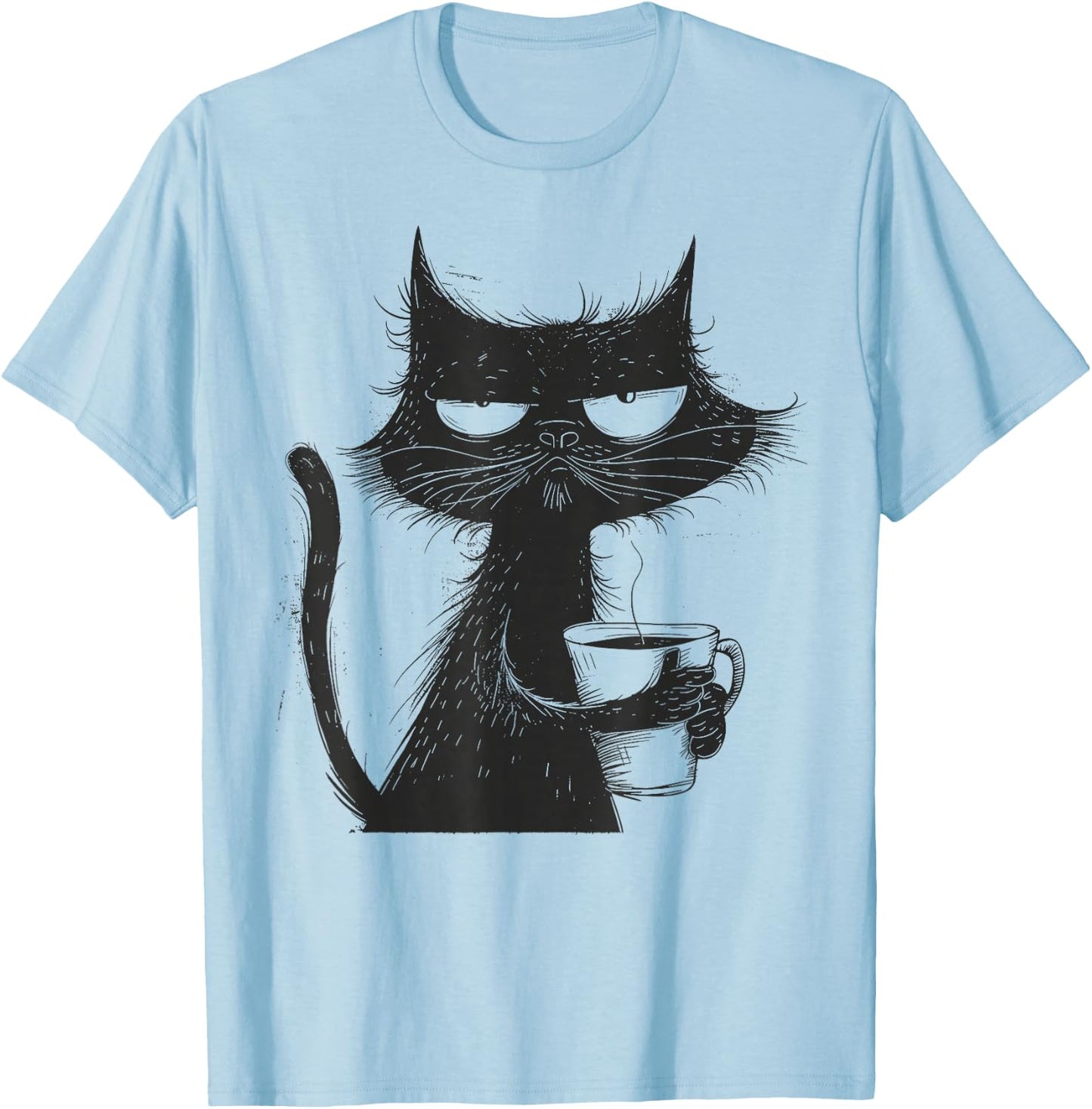 Funny Angry Cat With Coffee Mug Graphic T-Shirt - T-Shirt | Light Blue