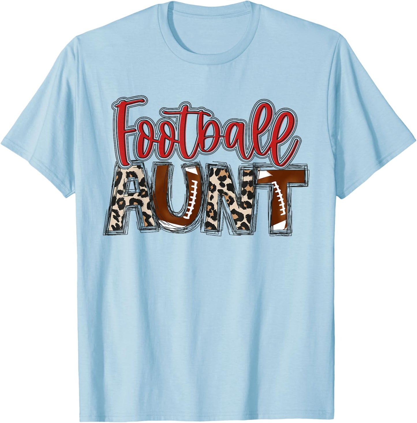 Football Aunt Leopard Red Auntie Family Football Player T-Shirt - T-Shirt | Light Blue