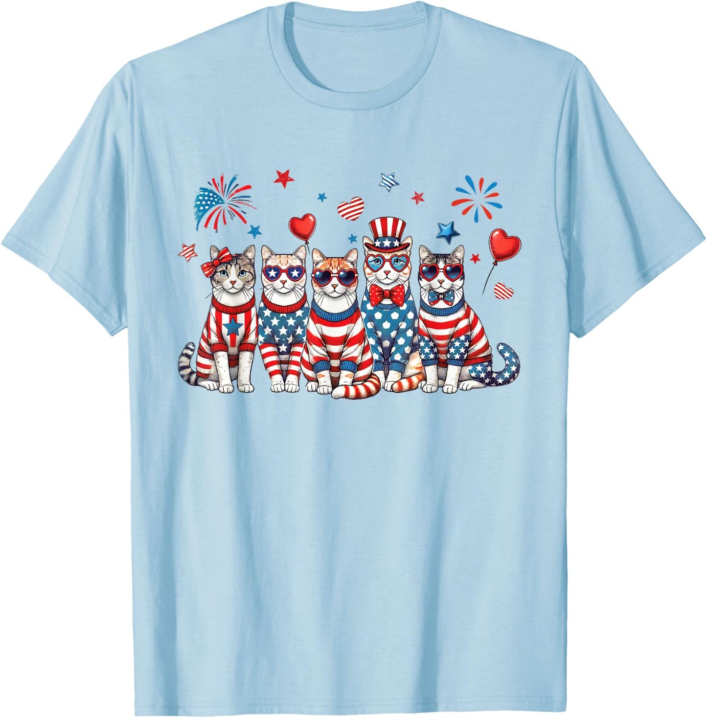Patriotic Cats Wearing Red White Blue Glasses Fireworks USA T-Shirt - T-Shirt | Light Blue