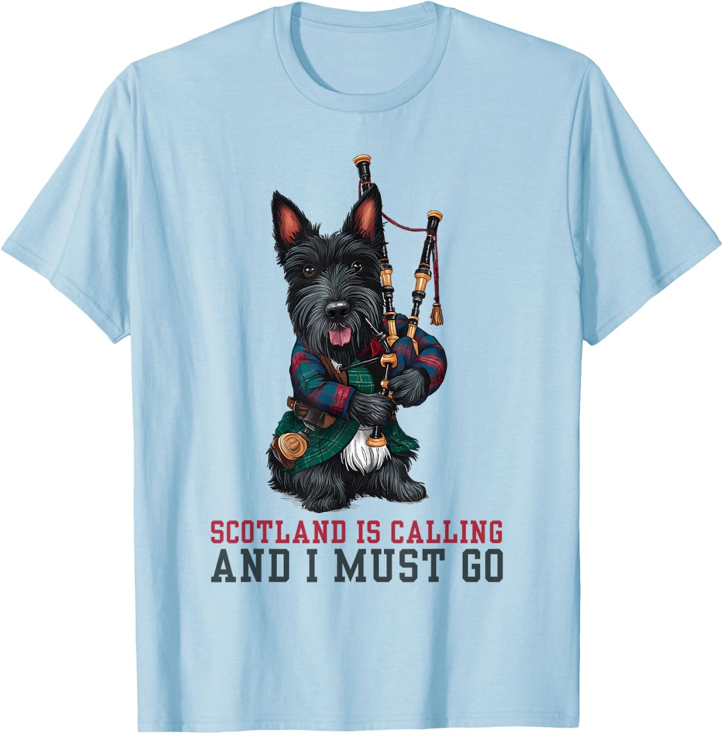 Scotland Is Calling and I Must Go Scottish Terrier Bagpipes T-Shirt - T-Shirt | Light Blue