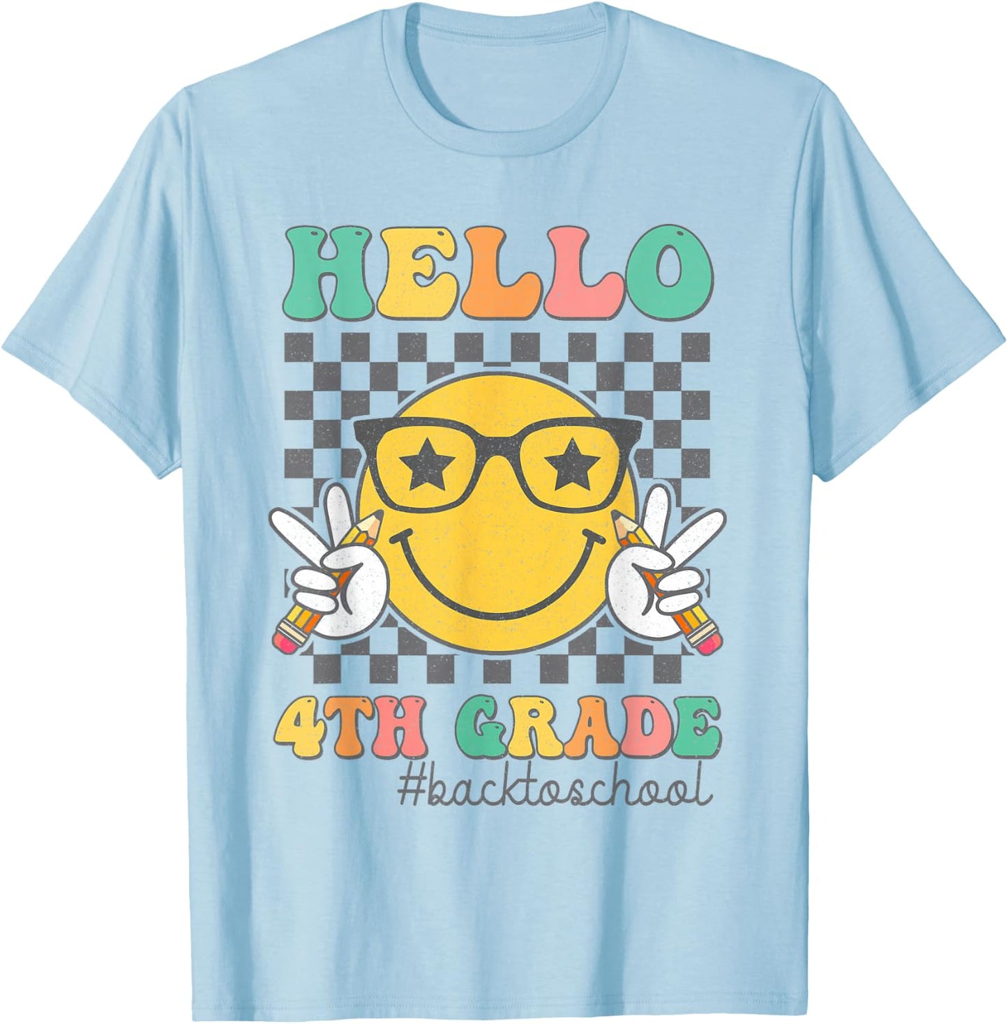 Hello 4th Grade Smile Face First Day Of School Fourth Grade T-Shirt - T-Shirt | Light Blue