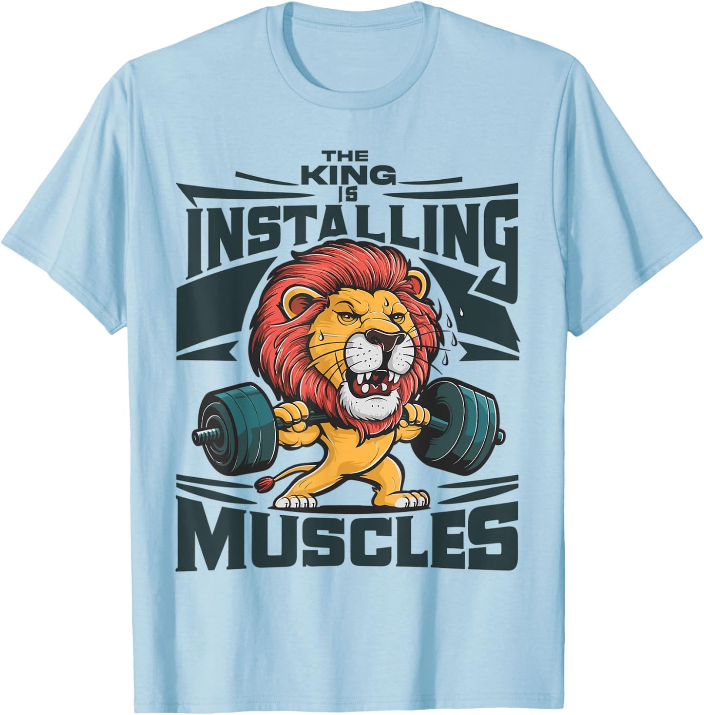 Funny Lion Installing Muscles Please Wait Lifting Barbell T-Shirt - T-Shirt | Light Blue