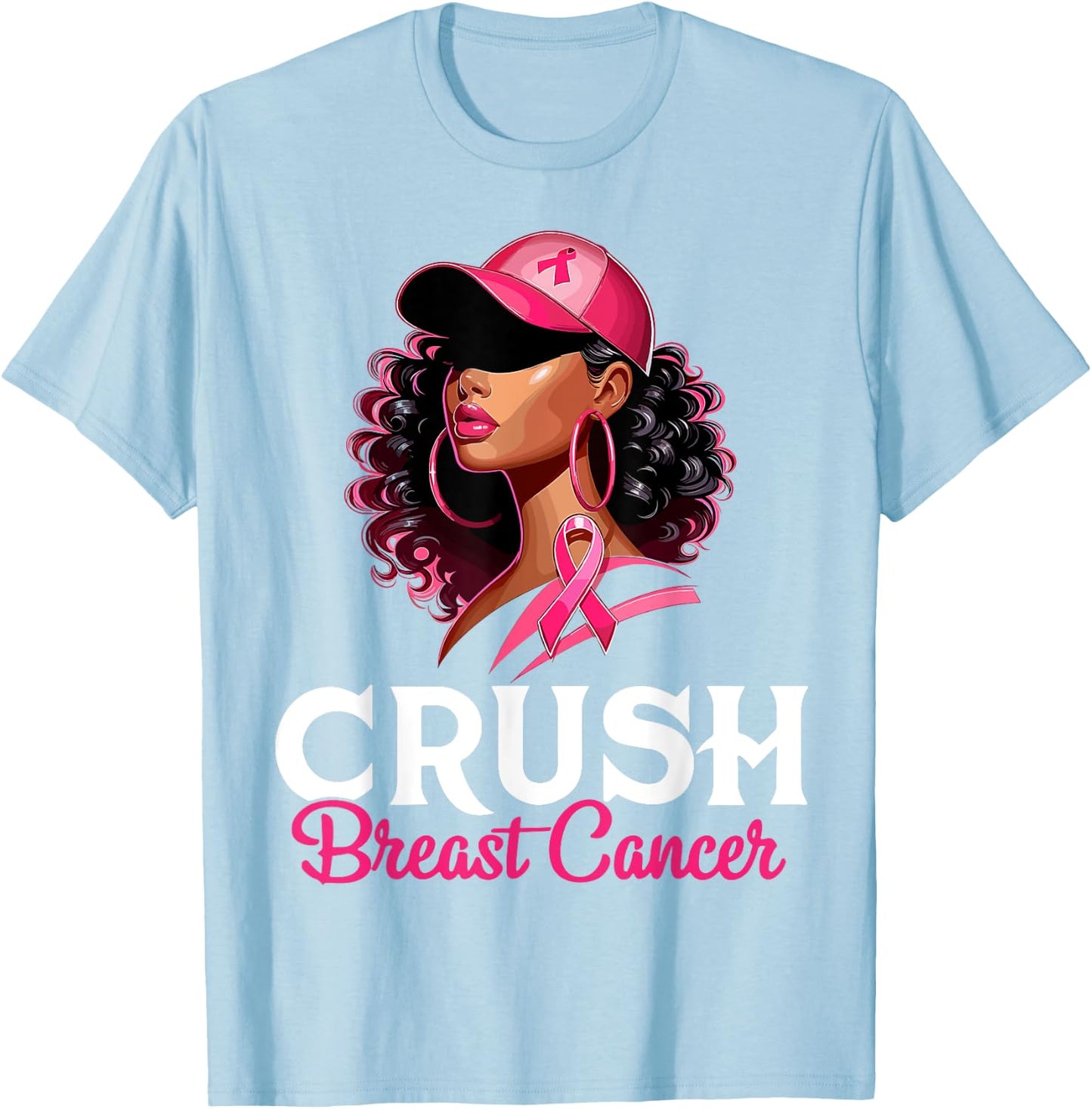 Crush Breast Cancer Awareness Black Afro Woman Pink Ribbon T-Shirt - T-Shirt | Light Blue