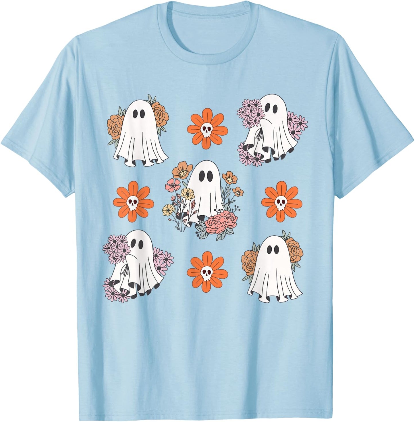 Cute Ghost Flower Halloween Pumpkin Spooky Season Women Kids T-Shirt - T-Shirt | Light Blue