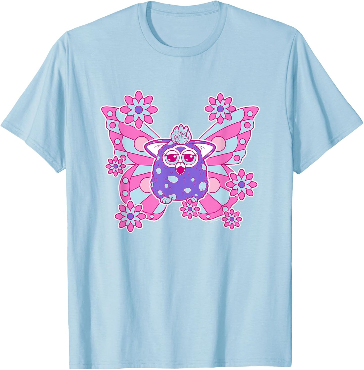 Furby Cute Purple Butterfly Floral Big Chest Logo T-Shirt - T-Shirt | Light Blue