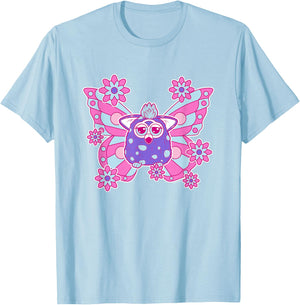 Furby Cute Purple Butterfly Floral Big Chest Logo T-Shirt - T-Shirt | Light Blue
