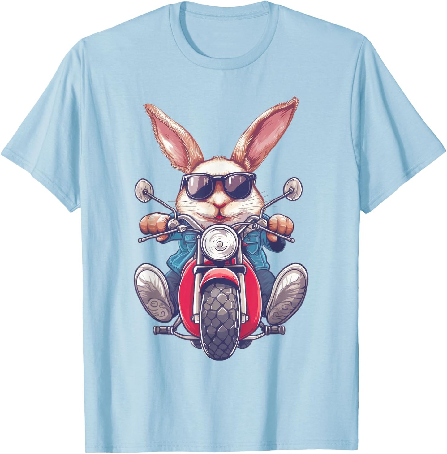Easter Bunny Rabbit with Sunglasses Riding Motorcycle T-Shirt - T-Shirt | Light Blue