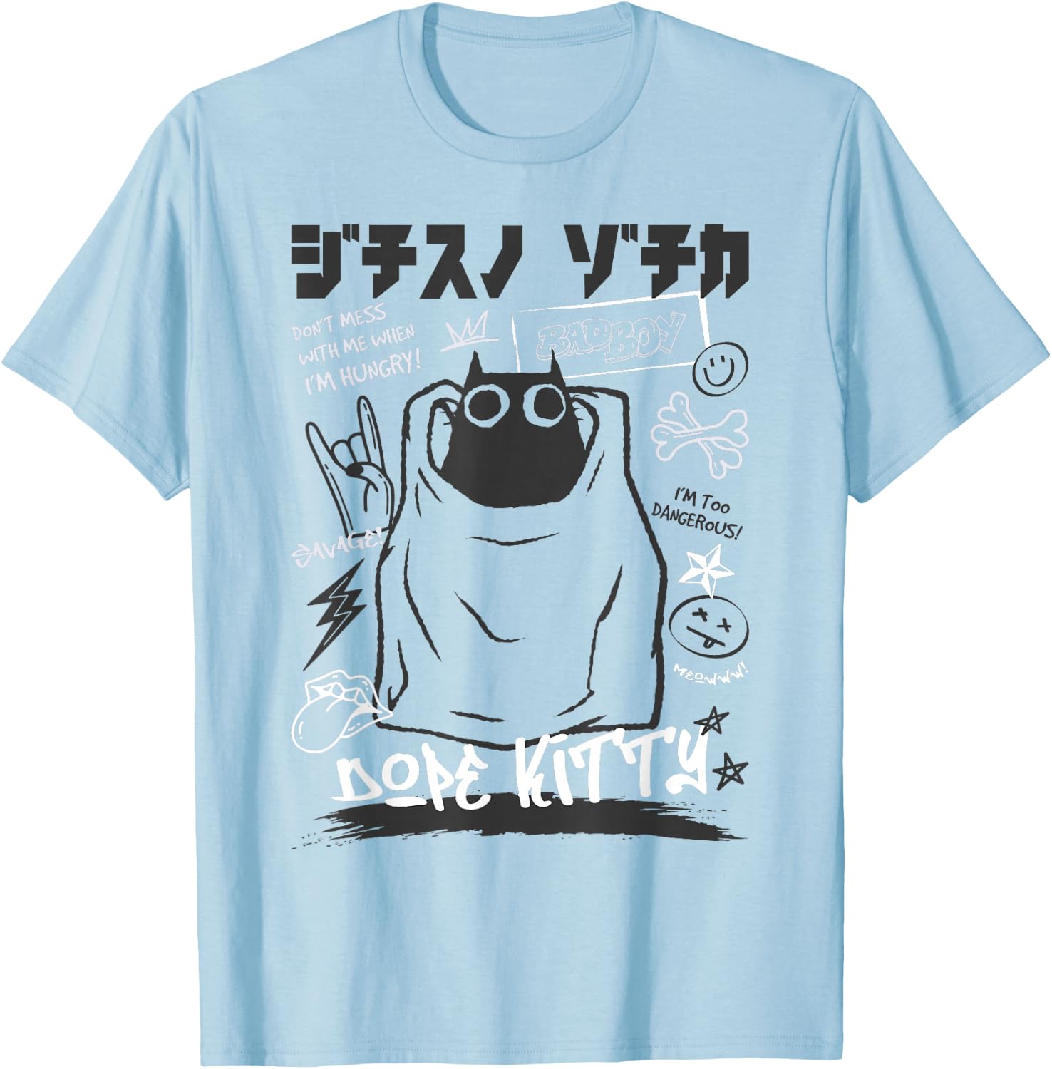 Funny Japanese Cartoon Black Cat Humorous Kitty T-Shirt - T-Shirt | Light Blue