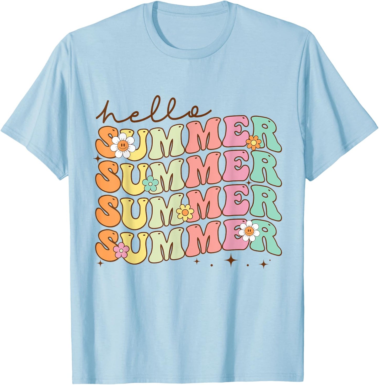 Retro Groovy Summer Women Men Kids Hello Summer Vacation T-Shirt - T-Shirt | Light Blue