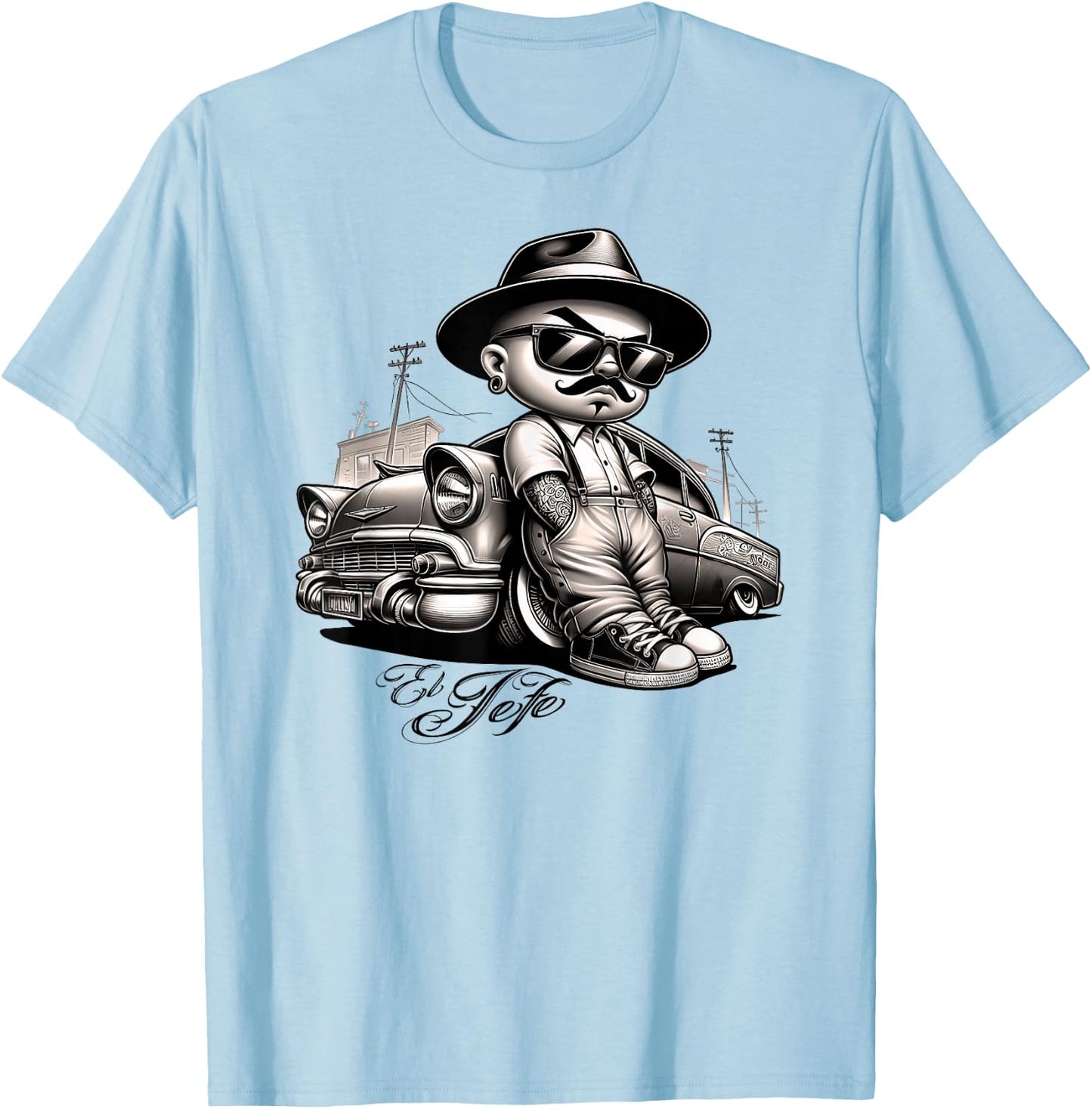 EL JEFE Bomba Lowrider Chicano Homie Tattoo Cholo Pachuco T-Shirt - T-Shirt | Light Blue