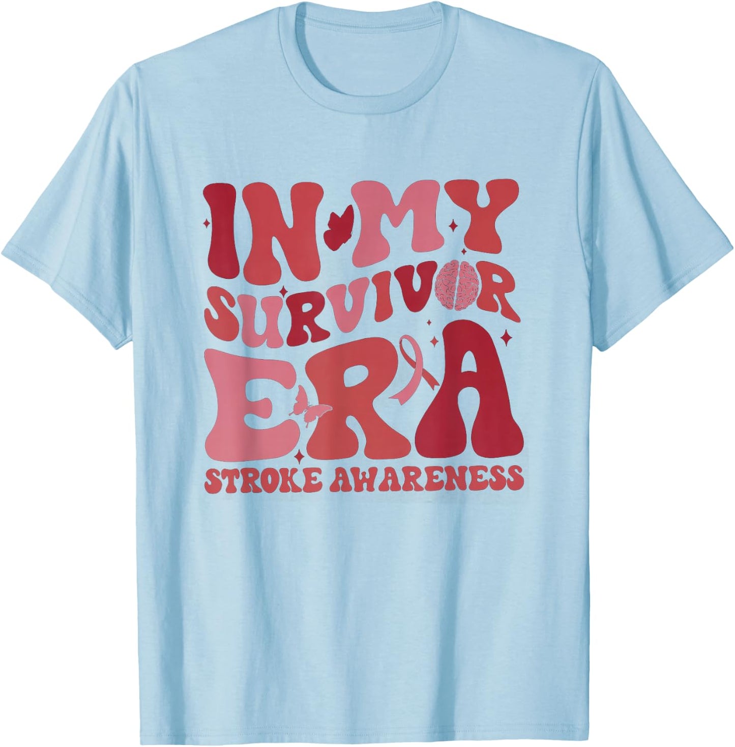 Retro Groovy in My Survivor Era Red Ribbon Stroke Awareness T-Shirt - T-Shirt | Light Blue