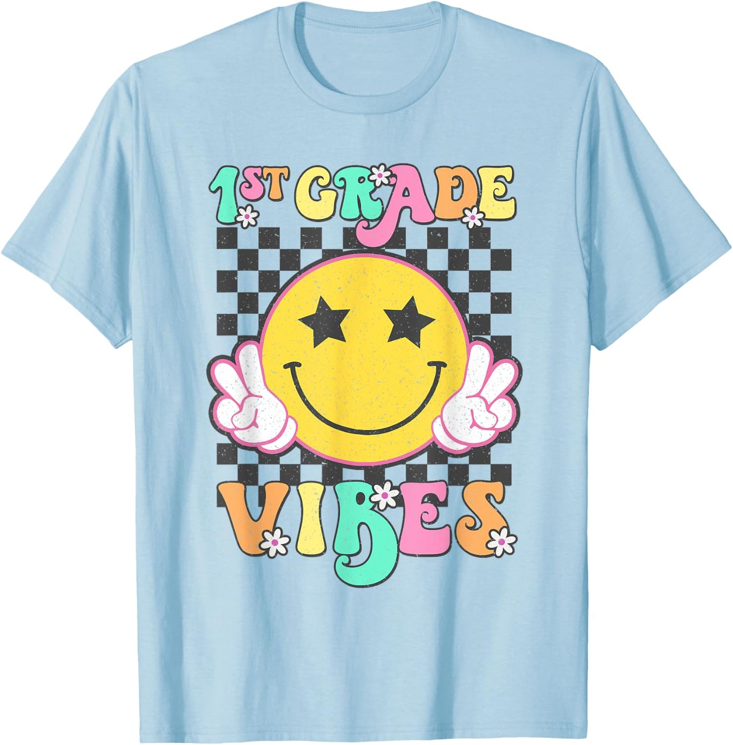 Girls 1st Grade Vibes Smile Face Back to School First Grade T-Shirt - T-Shirt | Light Blue