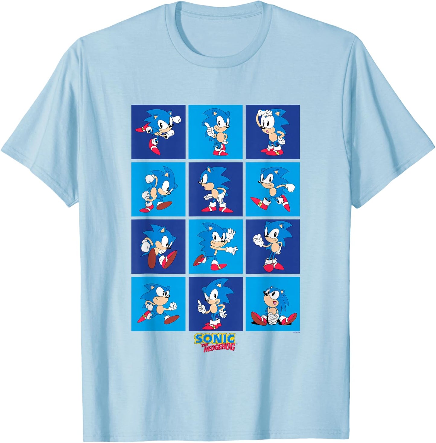 Sonic The Hedgehog Many Poses Of Sonic Retro Panels T-Shirt - T-Shirt | Light Blue