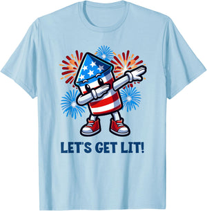 4th of July Let's Get Lit Dabbing Rocket Fireworks Patriotic T-Shirt - T-Shirt | Light Blue