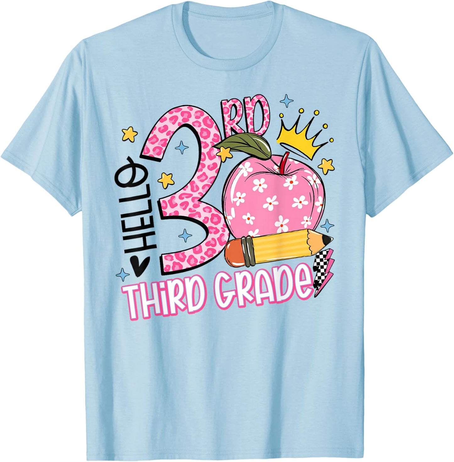 Hello 3rd Third Grade Back To School Pink Leopard Teacher Men Women Girls Kids T-Shirt - T-Shirt | Light Blue