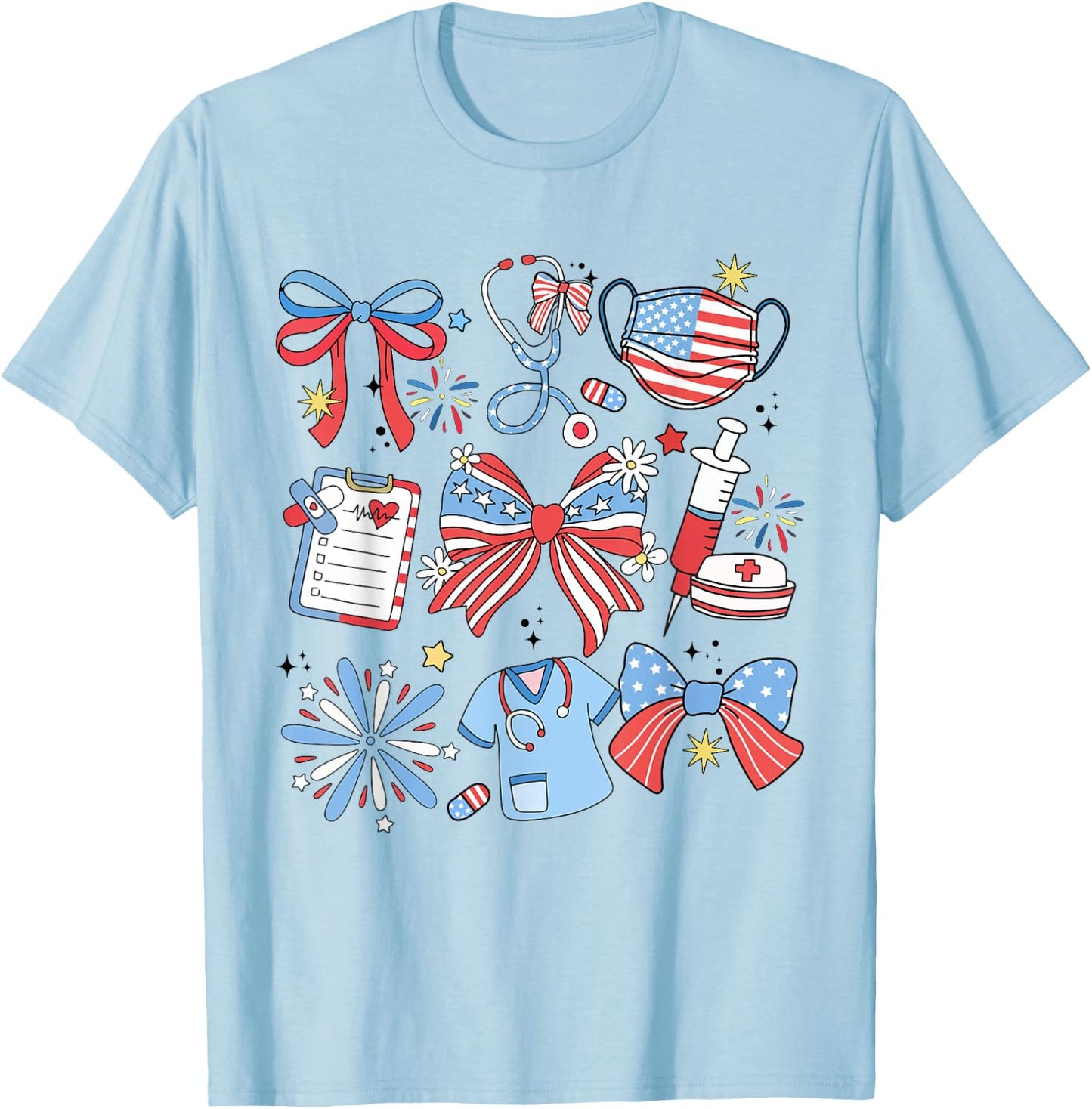 Coquette Bow 4th July Nurse ICU Nurse CRNA Surgical Medical T-Shirt - T-Shirt | Light Blue