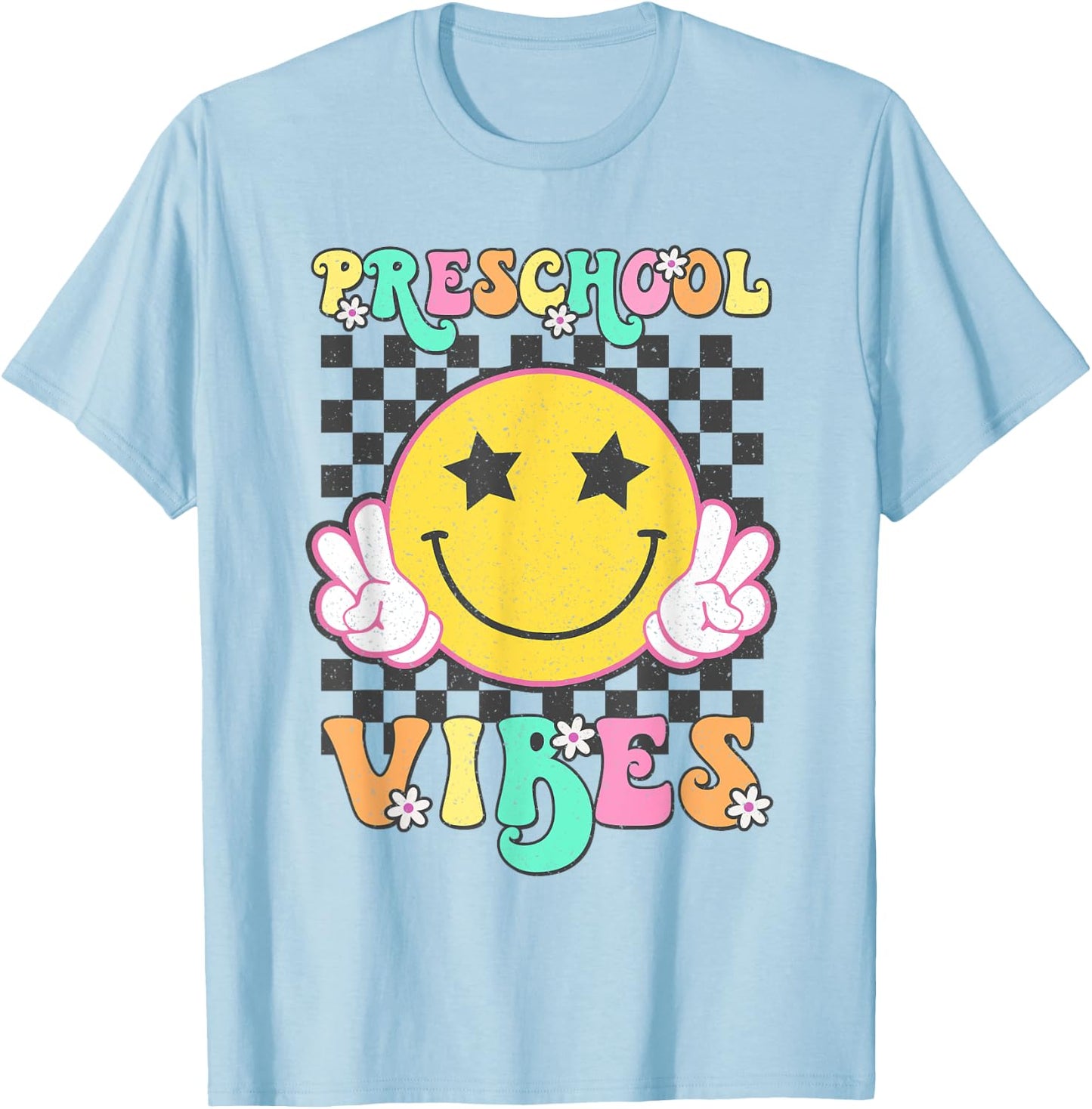 Preschool Vibes Smile Face Back to School Preschool Girl Kid T-Shirt - T-Shirt | Light Blue