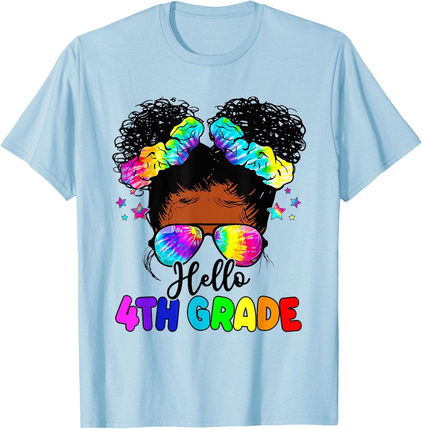 Hello 4th Grade Black Messy Bun Girls Kids Back To School T-Shirt - T-Shirt | Light Blue