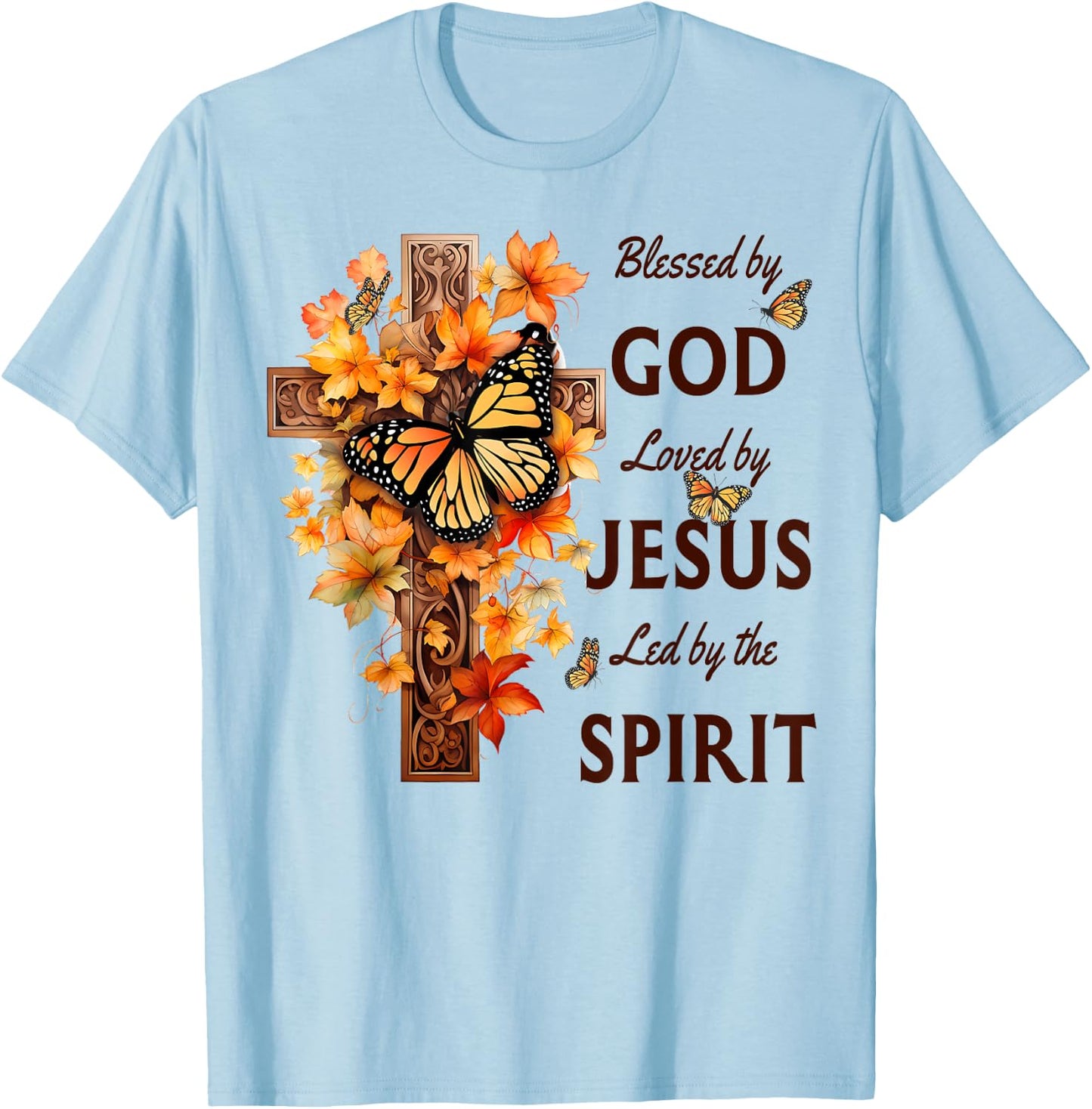 Blessed by God Loved by Jesus Fall Harvest Cross T-Shirt - T-Shirt | Light Blue