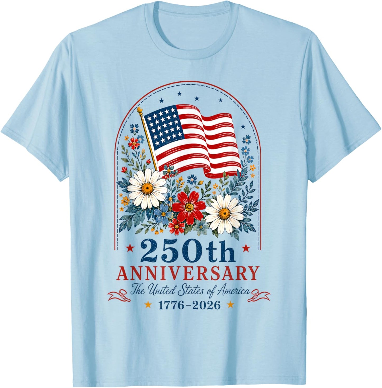 USA 250th Anniversary Floral American Flag 4th of July T-Shirt - T-Shirt | Light Blue