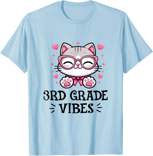 Third 3rd Grade Vibes Back to School Cute Cat Cute For Girls T-Shirt - T-Shirt | Light Blue