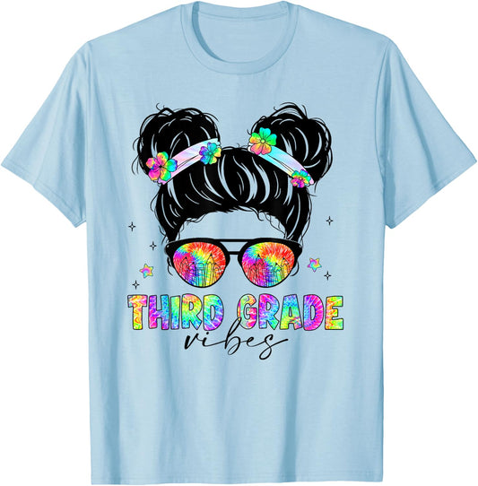 Tie Dye Messy Bun Back To School Shirt Third Grade Vibes T-Shirt - T-Shirt | Light Blue