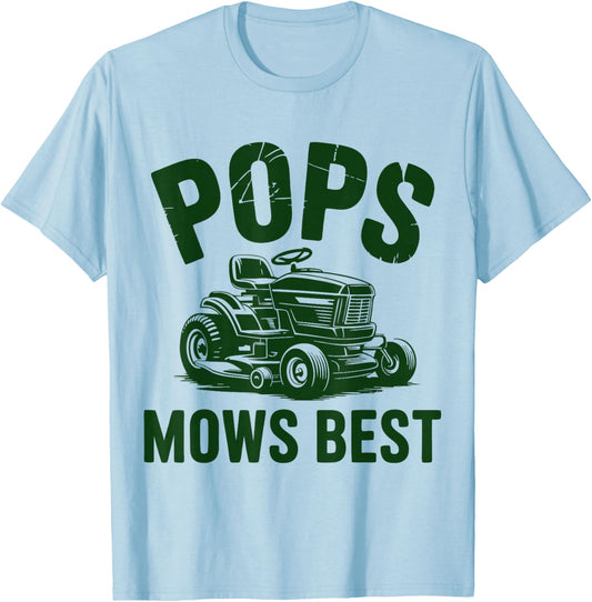 Pops Mows Best Father Dad Funny Fathers Day Mowing Vintage T-Shirt - T-Shirt | Light Blue