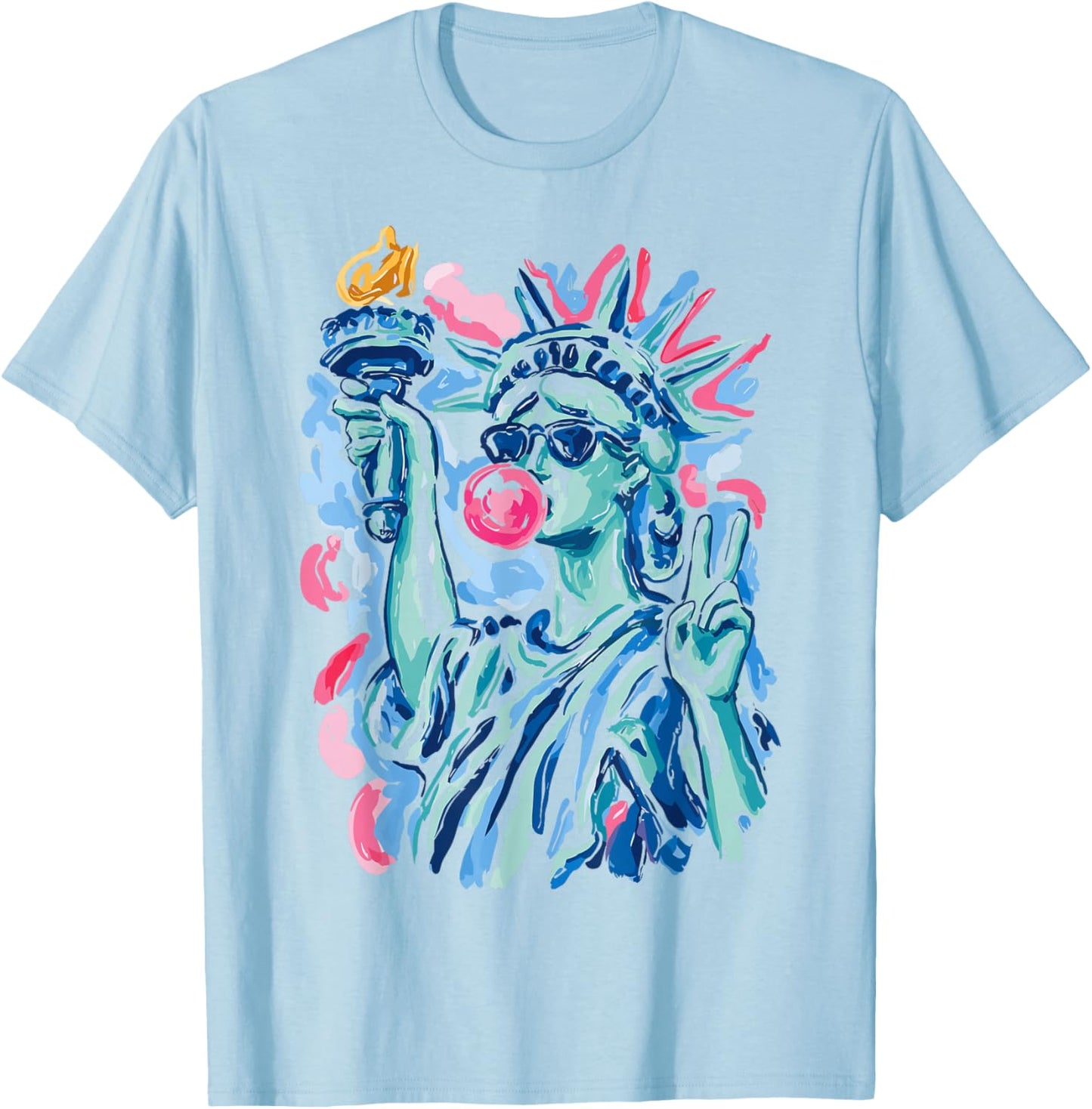 Statue of Liberty Blowing Bubble Gum Patriotic 4th of July T-Shirt - T-Shirt | Light Blue