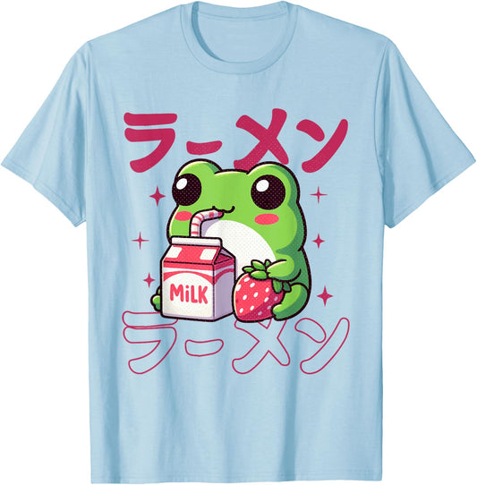 Cute Retro Japanese Kawaii Anime Frog Strawberry Milk Shake T-Shirt - T-Shirt | Light Blue