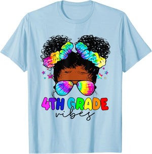4th Grade Vibes Black Messy Bun Girls Kids Back To School T-Shirt - T-Shirt | Light Blue