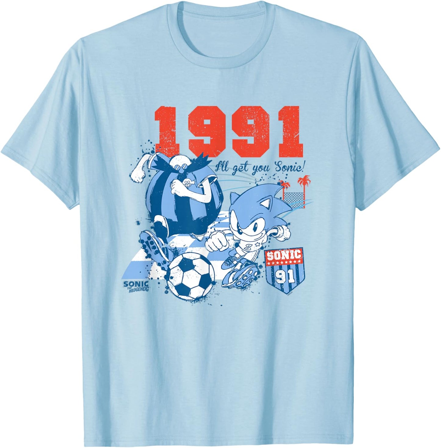 Sonic The Hedgehog Americana Sonic VS Robotnik Soccer Retro T-Shirt - T-Shirt | Light Blue