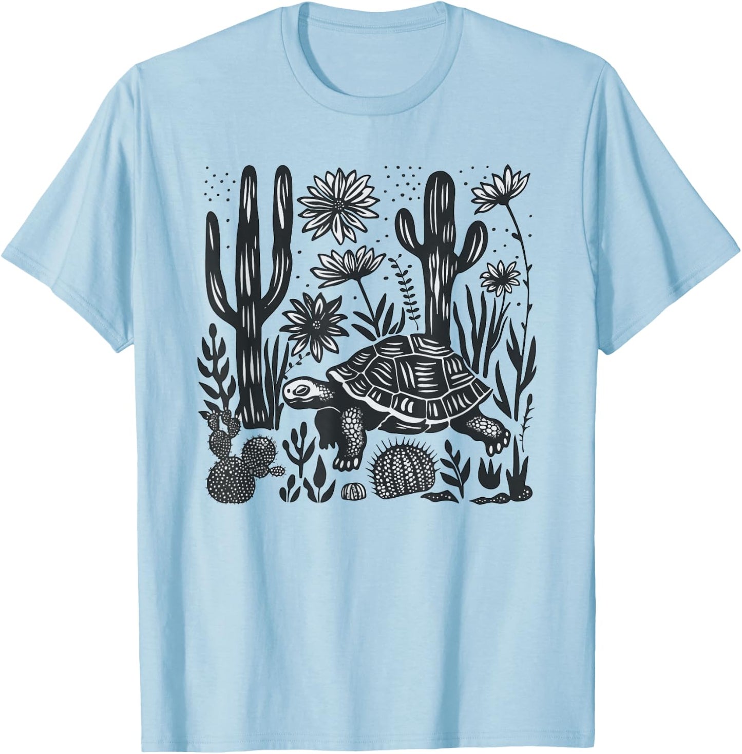 Mexican Linocut Print Mojave Desert Tortoise Cacti Landscape T-Shirt - T-Shirt | Light Blue