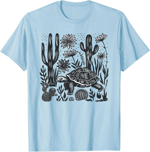 Mexican Linocut Print Mojave Desert Tortoise Cacti Landscape T-Shirt - T-Shirt | Light Blue