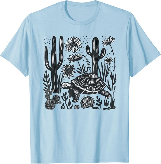 Mexican Linocut Print Mojave Desert Tortoise Cacti Landscape T-Shirt - T-Shirt | Light Blue