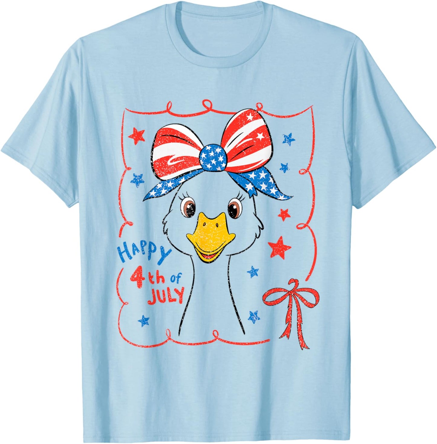 Cute Goose Coquette Bow American Flag USA Happy 4th Of July T-Shirt - T-Shirt | Light Blue