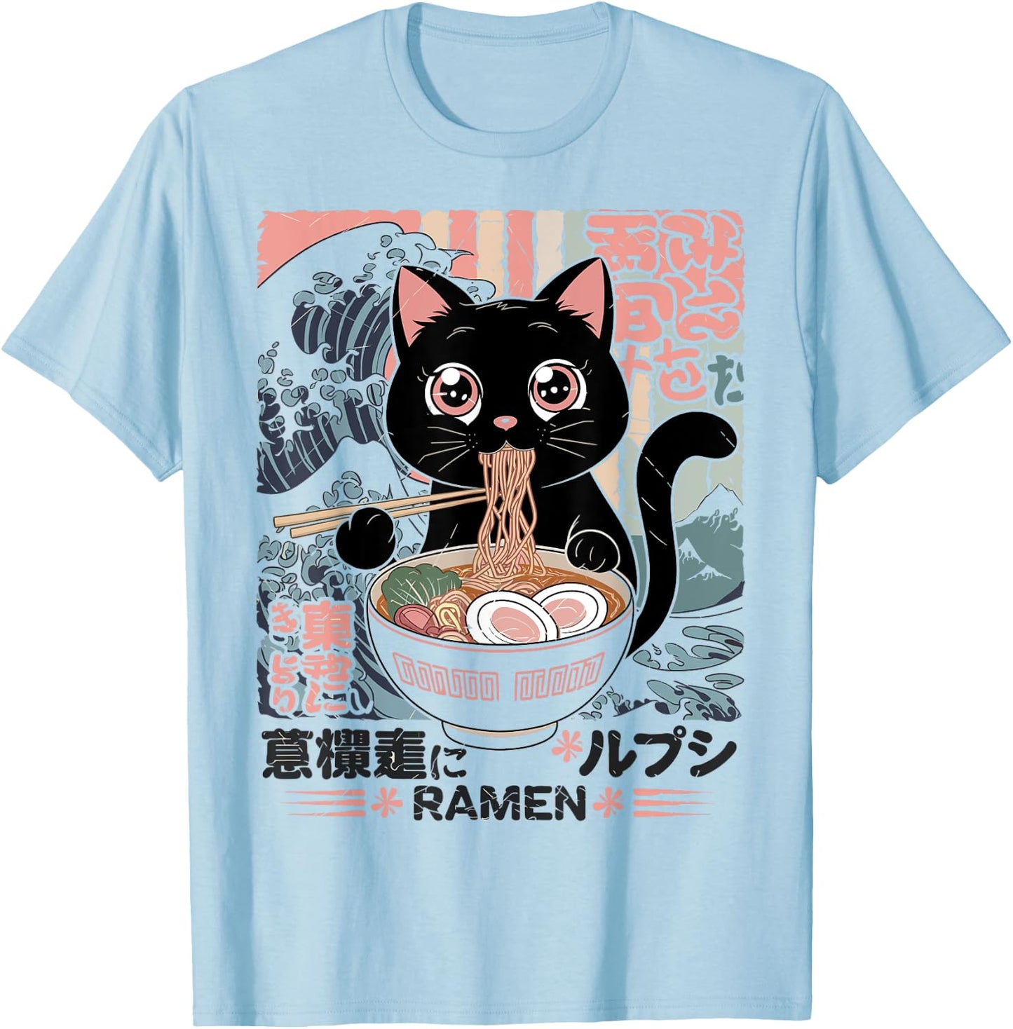 Cute Black Cat Eating Ramen Bowl T-Shirt - T-Shirt | Light Blue
