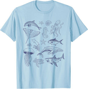 Vintage 90s Tattoo Sea Animal, Retro Ocean Nature Sea Life T-Shirt - T-Shirt | Light Blue