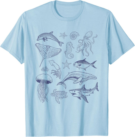 Vintage 90s Tattoo Sea Animal, Retro Ocean Nature Sea Life T-Shirt - T-Shirt | Light Blue