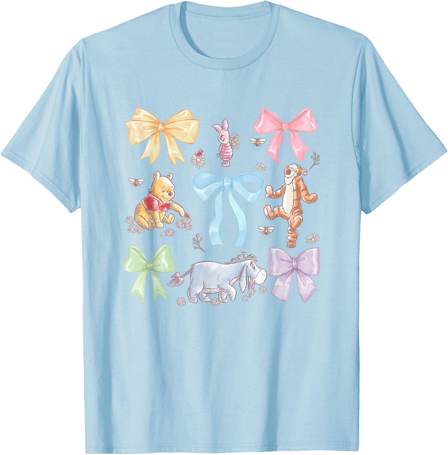 Disney Winnie The Pooh Cute Group Shot Sketch Chest Logo T-Shirt - T-Shirt | Light Blue