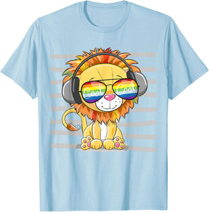 Cool Cartoon Cute Lion With Sun Glasses Art T-Shirt - T-Shirt | Light Blue