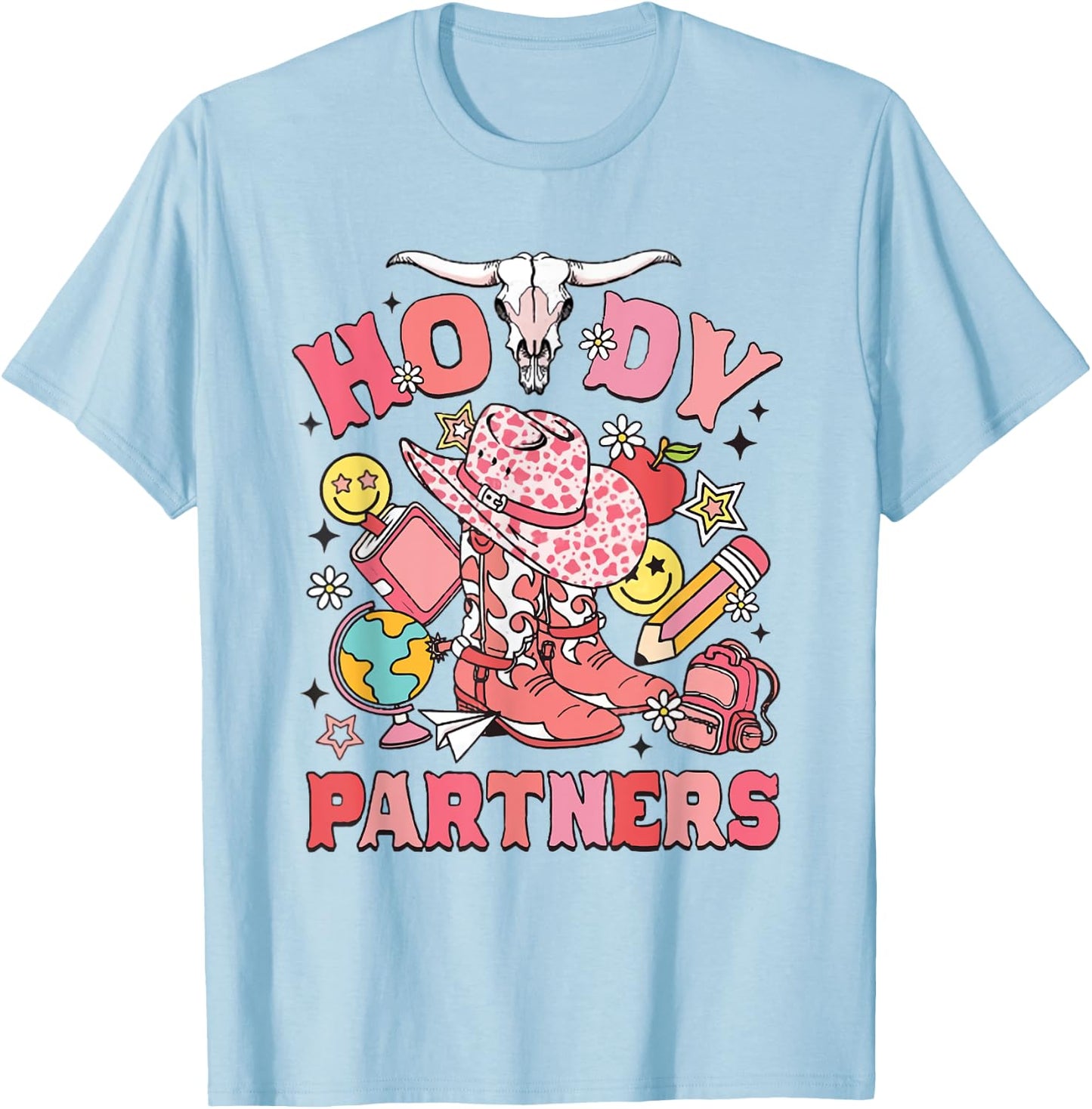 Retro Howdy Partners Cowgirl Teacher Western Back To School T-Shirt - T-Shirt | Light Blue
