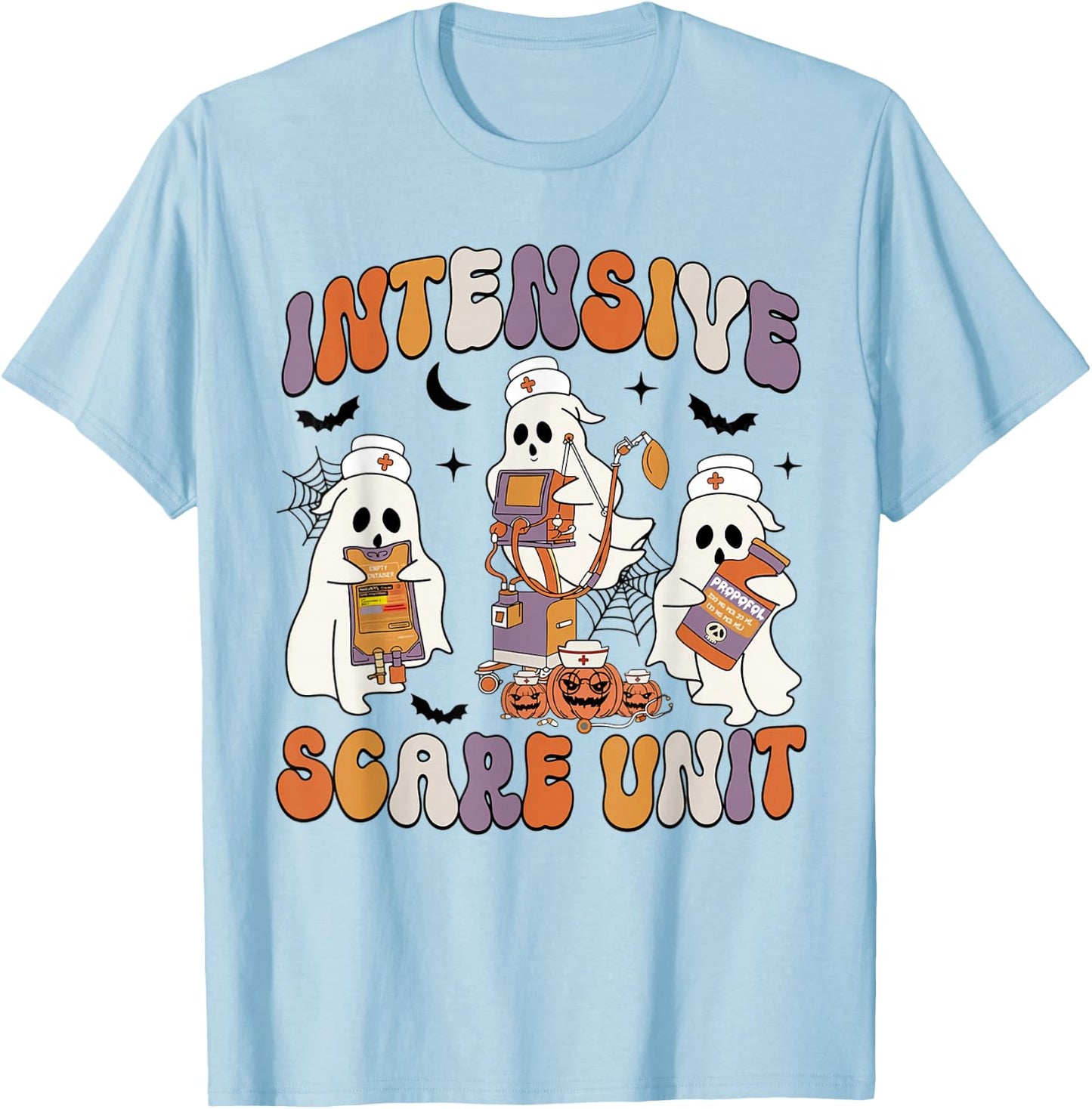 Retro Intensive Care Unit Nurse Halloween ICU Nurse Ghosts T-Shirt - T-Shirt | Light Blue